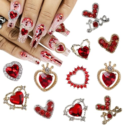 Valentines Nail Charms 22Pcs Alloy Heart Nail Art Charms Red Nail Gems Accessories Shiny Valentines Heart Nail Rhinestones Jewelry Gold Silver Love Nail Charms for Acrylic Nails Decor Supplies