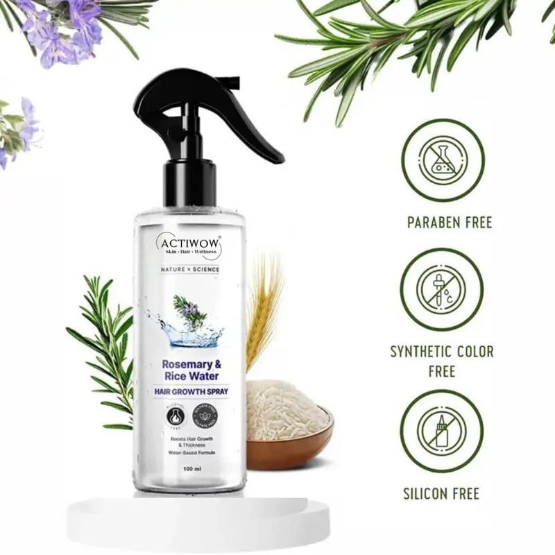 Image of ActiwowRx Rosemary Rice Water Spray for Hair Growth 100ml | Strengthen & Moisturize | Natural Scalp Care for Thicker, Healthier Hair | Ideal Leave-In Conditioner Alternative for All Hair Types