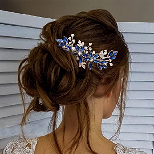 Casdre Crystal Bride Wedding Hair Comb Silver Leaf Bridal Hair Accessories Rhinestone Party Prom Hair Piece For Women And Girls (B Blue) #TOP1