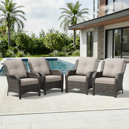 Image of Joyside 4 Piece Wicker Patio Furniture Set, Rattan Patio Chairs with High Back, Deep Seating, Wide Armrest, Thickened Cushions, Outdoor Furniture for Deck, Porch Use