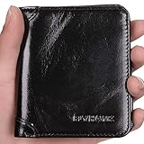 FlyHawk RFID Blocking Genuine Leather Wallets Mens Biford Mini&Slim Size Wallet (Mini Wallet-RFID Blocking, Black-Vertical)
