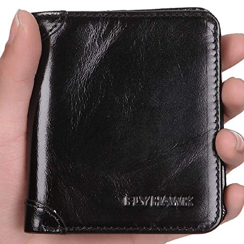 FlyHawk RFID Blocking Genuine Leather Wallets for Men Biford Mini&Slim Size Wallet