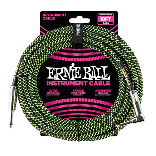 Image of Ernie Ball Braided Instrument Cable, Straight /Angle, 18ft, Neon Green /Black (P06082)