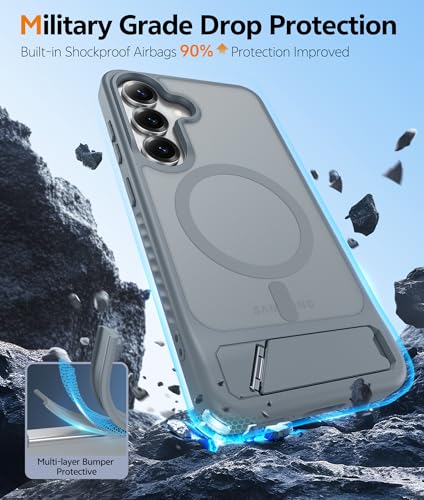 Image of FNTCASE for Samsung Galaxy S25-Plus Case: [Magnetic Stand] [Compatible with Magsafe] Translucent Matte Military Grade Shockproof Drop Rugged Protective Phone Cover, Gray