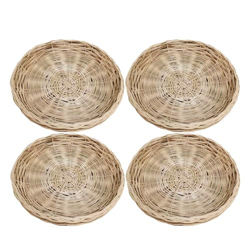 4 Pack Handwoven Bamboo Paper Plate Holder 10 Inch Round Reusable Rack Wicker Paper Plate Holder Bamboo Basket Plate Ideal for Picnics Parties & Daily Dining (Beige)