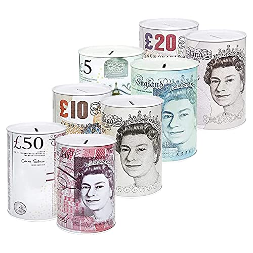 KAV - Value Pack of 4 Money Tin Boxes/Tinplate, Multi-Colour, Notes Design Money Saving Tin, Metal, Multicolour, meduim - Assorted