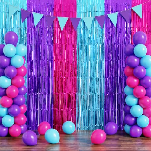 Image of TONIFUL 2Pcs Blue Purple Pink Metallic Tinsel Foil Fringe Curtain Streamer | 3.3ftx6.6ft Photo Booth Backdrop Door Streamer for Sweet 16 Baby Shower Easter Princess Themed Birthday Party Decorations