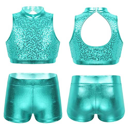Girls 2Pcs Dance Sports Outfit Shiny Sequins Cutout Back Crop Top Booty Shorts Gymnastics Dancing Clothes