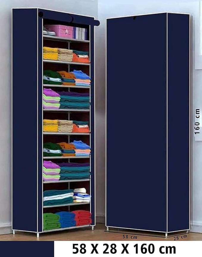 Image of Bagnizer Collapsible Wardrobe Printed Cover 6 Shelves Storage Clothes Storage Rack -Great Kitchen Storage QuickWardrobe Organizer Storage Rack Foldable Collapsible (Blue)