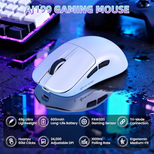 Image of MAGIC-REFINER AJ199 49g Superlight Wireless Gaming Mouse,BK3633 Tri-Mode BT /2.4G Wireless /Wired Mouse,24000 DPI,1000Hz Polling Rate,600mAh,Med Hand Size,5 Programmable Buttons for PC /Mac,White