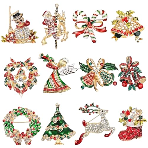 Broches de Noël en strass et cristal pour femme : lot de 12 épingles festives pour écharpes