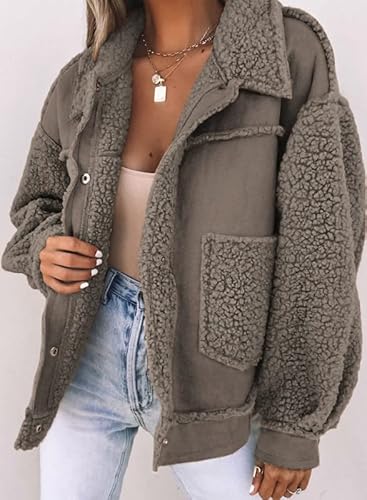 Dokotoo Womens Winter Pocketed Sherpa Lined Faux Suede Shacket Jackets Fleece Fur Collar Snap-Button Long Sleeve Outwear Coat For Women,S,Gray #TOP1