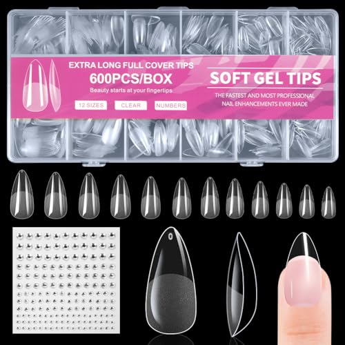 BUTBU 600 PC Uñas Postizas Gota de Agua, 12 Tamaños Tips Uñas Transparentes | Juego de puntas de uñas postizas de gel de 12 tamaños, para extensión de uñas y arte de uñas, salón de uñas en casa