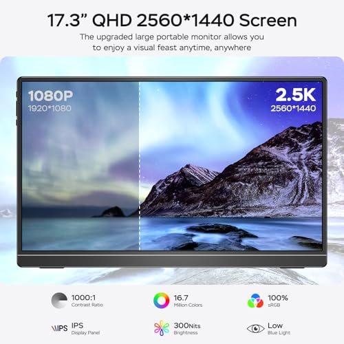 Image of MNN 17.3 inch 2.5K Portable Monitor 165Hz 2560x1440 QHD, 100% sRGB IPS Gaming Monitor, USB-C & HDMI External Display with Kickstand, Slim Semi-Metal Travel Monitor for Laptop, Phone, PS5, Xbox