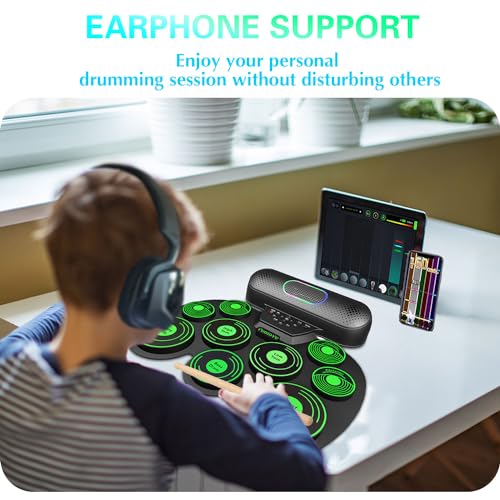 Electronic Drum Set - YUOIOYU Electric Drum Set Roll Up Drum Kit MIDI Practice Drum Pad with Dual Built-in Speaker, Drum Sticks and Pedals,Christmas Birthday Gift for Kids Adult (Green) - Image 4