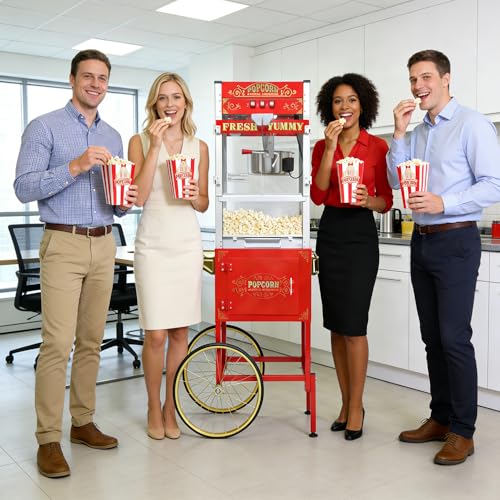 Image of Commercial Popcorn Machine with Cart 24oz - Retro Theater Style Popper Makes 100 Cups Per Batch, Stainless Steel Kettle & Wheels, for Home Movie Nights, Holiday Parties, School&Corporate Events, Red