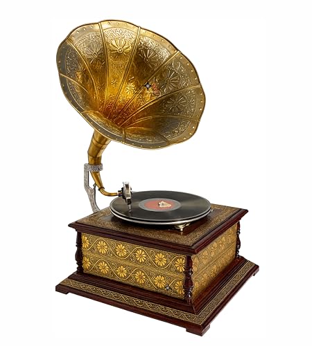M.A & SONS Hand-Crank Gramophone Brass Horn & Sheesham Wood Base Plays 78 RPM Shellac Records Vintage Acoustic Record Player Antique Dcor Collectible Gift w/ 10 Needles