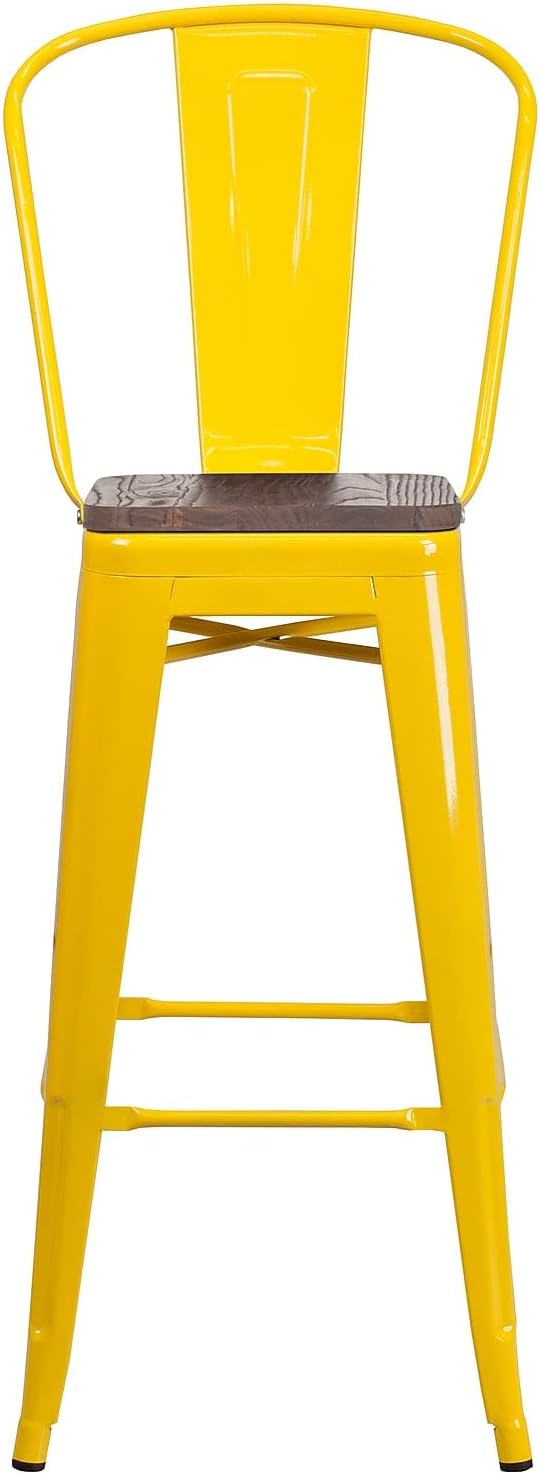 Flash Furniture Lily 30" High Yellow Metal Barstool with Back and Wood Seat