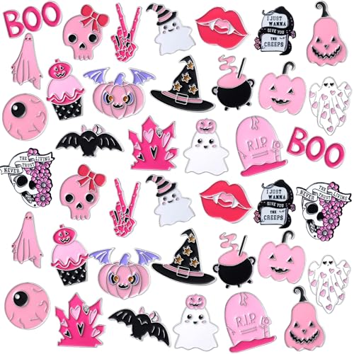 40 Pcs Pink Halloween Enamel Pins Bulk for Backpacks Cute Skull Boo Bat Decorative Brooches Pink and Black Halloween Lapel Pins for Girly Clothes Bags Hat Accessories Gift