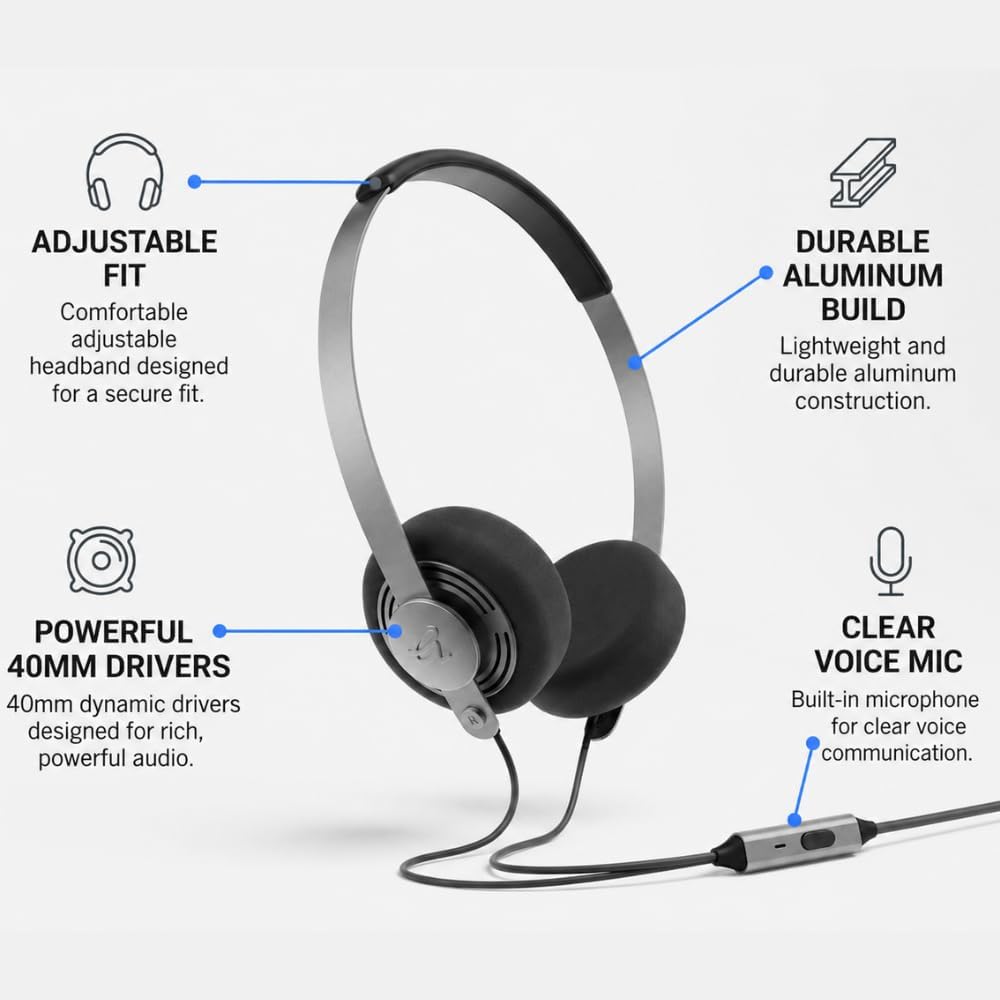 Gadhouse Wesley Wired On-Ear Headphones with Microphone – 40mm Dynamic Drivers, Retro 80s Style Headphones for Music & Calls, Lightweight PU Leather Headband, Includes USB-C & 6.35mm Adapters, 105g image 3