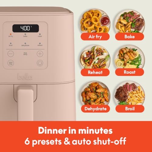 bella 4Qt Slim Air Fryer, Fits-anywhere™ Kitchenware, EverGood™ Ceramic Nonstick Coating, Adjustable Temperature, 6 Preset Cooking Options, 60 Min Auto Shutoff w Audible Tone, 3.3lb Capacity, Blossom — view 4