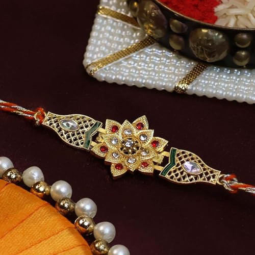 Image of Oblivion Gold Tone Kundan Flower Rakhi Set of 2 for Brother with Silver Colour Pooja Coin, Tilak Set and Greeting Card for Raksha Bandhan Celebration