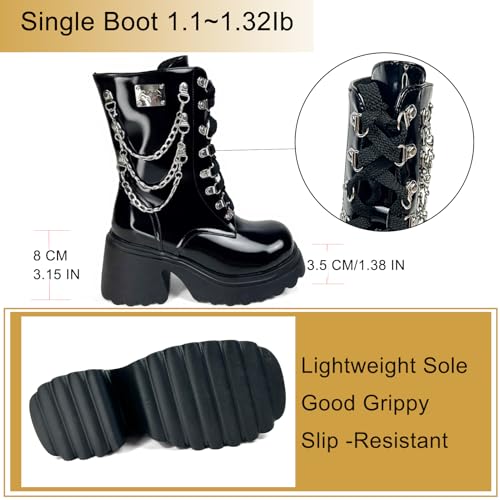 Image of MEOTINA Goth Women Platform High Heel Boots Buckle Combat Ankle Booties | Features edgy gothic steampunk rave emo sexy cosplay styling, designed with thick heel, buckle, studded ,lace up and zipper