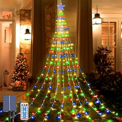 Micacorn Solar Luces Arbol Navidad con Estrella, Luces de Cascada de Arbol Navidad 2M x 9 Hilos 198 LED Impermeables Luces Arbol Navidad 8 Modos con Control Remoto para Fiestas de Bodas Navideñas