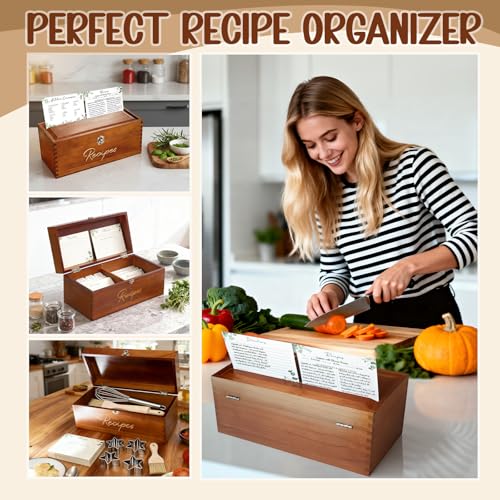 CYAOOI Large Wooden Recipe Box with Cards and Dividers, Vintage Style Wood 4x6 Recipe Holder Card Box Includes 100pcs 4x6 Recipe Card & 16 Dividers, Index Card Box for Kitchen Storage & Gifting - Thumbnail 7