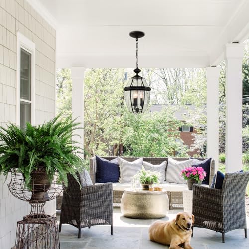 Image of Large Outdoor Pendant Light Fixture 3-Light, 20in Modern Black Outdoor Chandelier Hanging Porch Light, Metal Exterior Ceiling Mount Hanging Lantern with Clear Glass for Front Door, Entrance, Gazebo