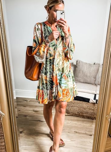 Image of miduo Womens Dress V Neck Buttoned 3 /4 Sleeve Bohemian Tribal Mini Dresses | Casual Summer Shift Dresses Resort Wear for Vacation Holiday