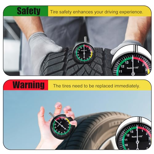 Image of Tire Tread Depth Gauge, Professional Dial Type Tire Tread Depth Gauge with Color-Coded Zones for Car Truck Motorcycle & Bus, Accurate 1 /32 inch Increments Reading
