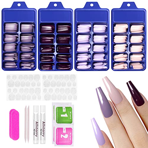 Allstarry Lot de 400 faux ongles à presser extra longs en forme de cercueil ballerine en acrylique violet avec boîte d'accessoires pour femmes et filles Cover