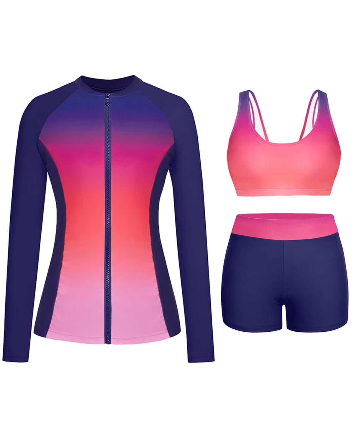 Long Sleeve Swimsuits for Women - 3 Piece Rash Guard with Shorts Zipper SPF Swim Shirt with Built in Bra
