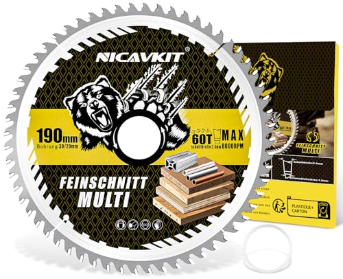 NICAVKIT Ø190x 30 mm Kreissägeblatt für Holz Metall & Alu uvm. Inkl. 20mm Reduzierring - Multi Material Feinschnitt Sägeblatt 190x30 Kompatibel als Bosch Makita & Dewalt usw.