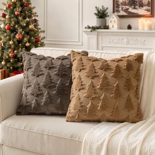 Image of MIULEE Christmas Throw Pillow Covers Reddish Brown Christmas Decorations Set of 2 Xmas Tree 18x18 Pillow Covers Soft Faux Wool Pillowcases Holiday Festivals Winter Home Decor Sofa Couch Bed Porch