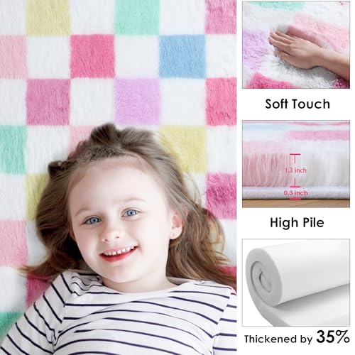 Image of KICMOR Checkered Rug 8x10 for Living Room, Rainbow Colorful Fluffy Soft Large Area Rug Fuzzy Shag Shaggy Bedroom Carpet, Cute Indoor Plush Rugs for Kids Girls Boys Dorm Nursery Home Decor Aesthetic