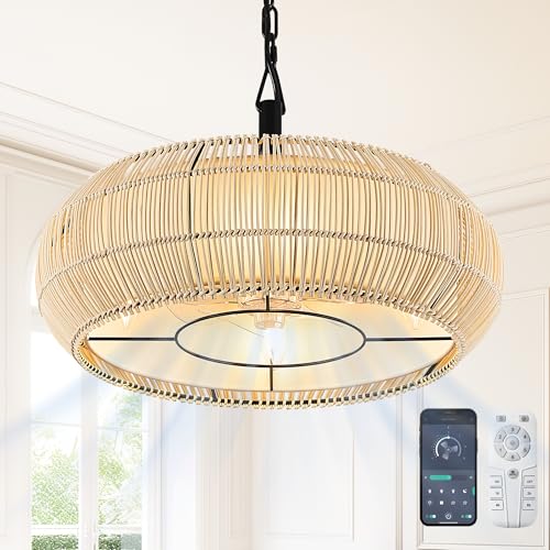 HEMLDAN 20" Rattan Caged Ceiling Fan Light with Fabric Shade