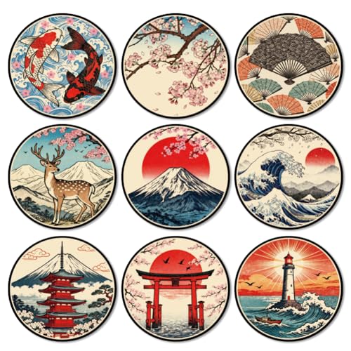 ANATTASOUL 9 Pièces Dessous de Verre Peinture, Paysage De Style Japonais sous Verres Peinture Coasters, sous-Verres en Bois Couleurs, Été Dessous de Verre Rond pour Maison, Bar, Bureau