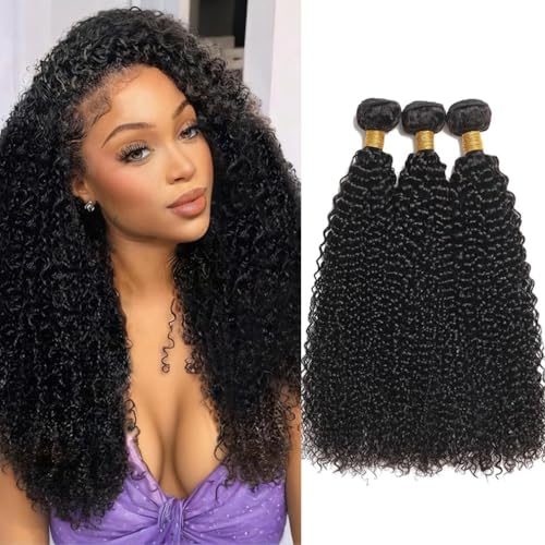 Kinky Curly Bundles Human Hair 14 16 18 Inch Human Hair Bundles 100% Unprocessed Brazilian Virgin Hair 3 Bundle for Black Women Weave Extensions Natural Black