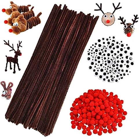 300PCS Pfeifenreiniger Pluesch Bunte,Pompons und Selbstklebend Wackelaugen,Pfeifenreiniger Set,Pfeifenreiniger und Pompons,Bastelzubehör Kinder,Rote Pom Poms,Weihnachten Handgemacht Cover