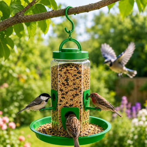 Image of Hanging Bird Feeder for Garden & Balcony, 1 Litre Weatherproof Bird Food Dispenser with 4 Feeding Ports, 360 Perch Feeding Station for Outdoor & Indoor Use (Green) Pack of 2