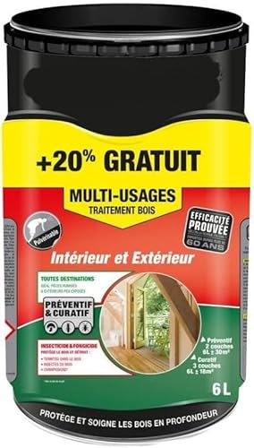 TRAITEMENT INSECTICIDE POUR BOIS POUTRES ET CHARPENTE 5 L + 20% (SOIT 6 LITRES) CONTRE VRILLETTES CAPRICORNES TERMITES 700/880