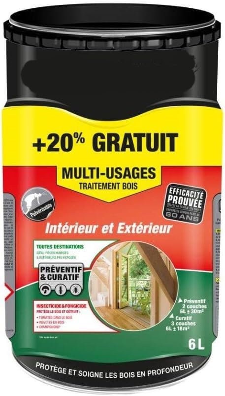 TRAITEMENT INSECTICIDE POUR BOIS POUTRES ET CHARPENTE 5 L + 20% (SOIT 6 LITRES) CONTRE VRILLETTES CAPRICORNES TERMITES 700/880