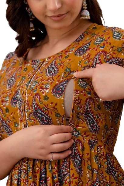 Image of Maternity Feeding Kurti for Women | Cotton Blend Anarkali Dress with Nursing Zip for Pre & Post Pregnancy