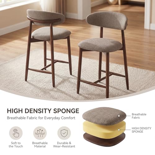Image of MALOL Counter Height Bar Stools Set of 2, Kitchen Bar Stools with Back, Mid Century Modern Upholstered Barstools with Wood Legs for Kitchen Island Dining Room, Camel