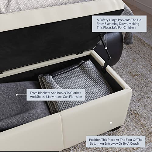 Image of BELLEZE Storage Faux Leather Ottoman, 47 Inch Bench Bedroom Bench with Safety Close Hinge, Extra Long Ottoman with Storage for Living Room, Entryway, Foot Rest, Support 300lbs - Cream