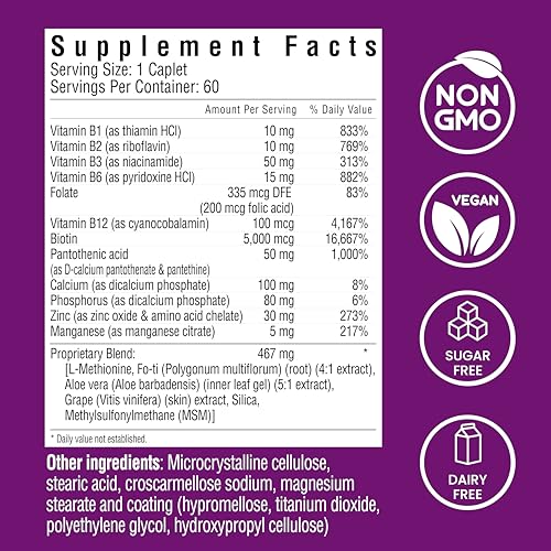 Hair Skin and Nails, Hair Growth Support, Healthy Skin & Nails, Biotin, Vitamins B1, B2, B3, B6 & B7 + B1, Supports Healthy Hair, Radiant Skin and Strong Nails, Vegan, 60 Caplets
