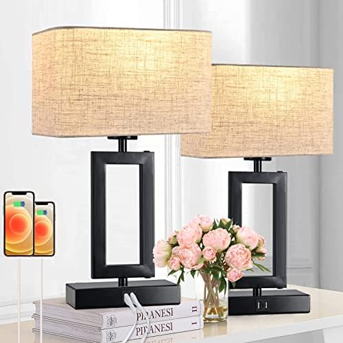 Lamps for Bedroom Set of 2 Touch Control Table Lamps with Dual USB Ports,Bedside Lamp3-Way Dimmable Lamps for Nightstand, Modern Desk Lamps for Living Room Office, LED Bulbs Included, Black&Cream