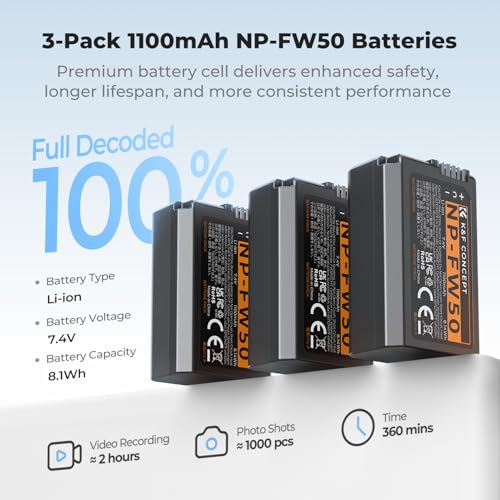 Image of K&F CONCEPT 3-Pack NP-FW50 Battery and Upgraded 3-Slot ZV-E10 Battery Charger Compatible with Sony Alpha A6400 A6000 A6300 A6500 A5000 A5100 A7 A7II A7R A7RII A7S A7SII RX10 II III IV Cameras